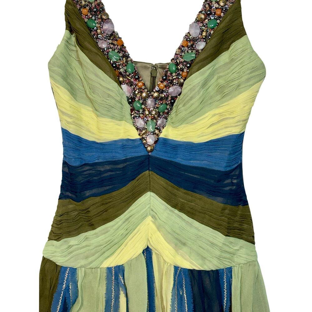 NWT Mandalay Quartz Green Blue Silk Beaded Sequin Midi Evening Gown Dress Size 6 - Picture 3 of 16